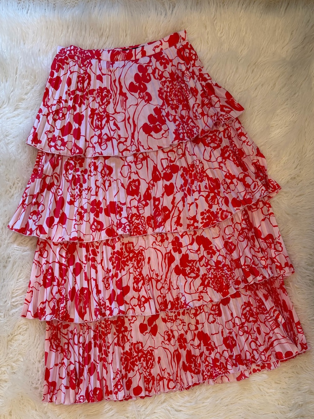 Abercrombie and Fitch Red Satin Pleated Tiered Maxi Skirt